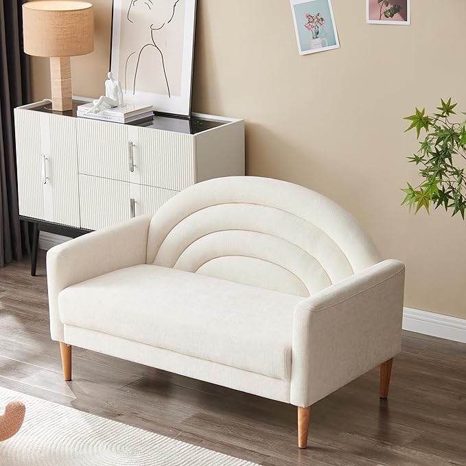 49 Small Loveseat Sofa for Small Spaces Mid Century Modern Sofa Linen Upholstered Furniture with Wood Frame Mini Couch for Living Room/Bedroom Office Couch Easy Assembley Cream White