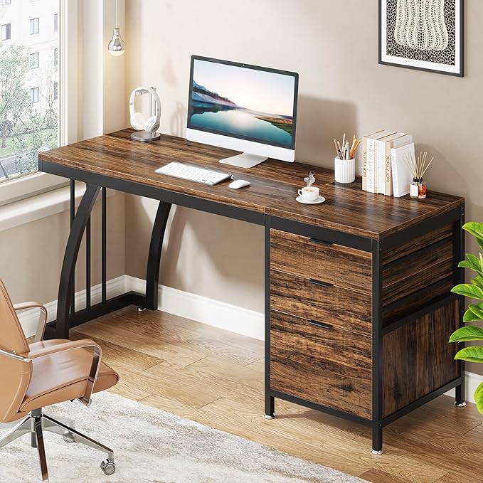 Tribesigns 59 Inch Computer Desk with 3 Drawers Industrial PC Desk Study Writing Table Workstation with File Storage Home Office Desks with Large Desktop and Metal Frame (Rustic Brown)