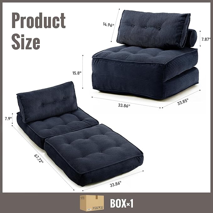 Folding Sofa Bed Convertible Sleeper Chair 33 with Pillow Futon Boneless Couch with Back Support Small Couch for Living Room(Blue Single)