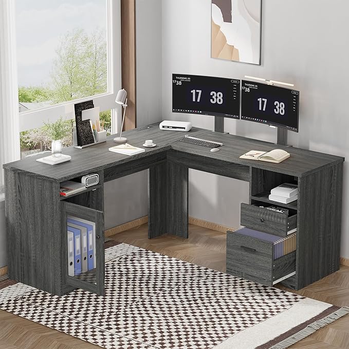 MU L Shaped Desk with File Cabinet Corner Computer Desk with Storage Drawers Large Home Office Table with Power Outlets 60 Inch (Grey)