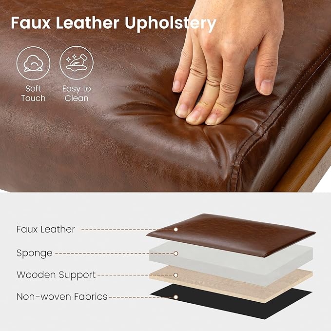 Glitzhome Rectangle Ottoman Bench Modern Coffee Leatherette Footstool with Walnut Rubberwood Legs for Living Room Bedroom