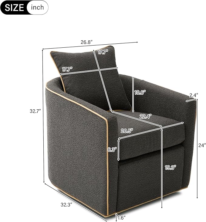 Christopher Knight Home Arlo 360° Swivel Accent Chair for Living Room Bouclé Upholstered Rotating Lounge Chair Indoor Barrel Swivel Chair with Iron Frame Curved Armrest and Padded Seat Dark Grey