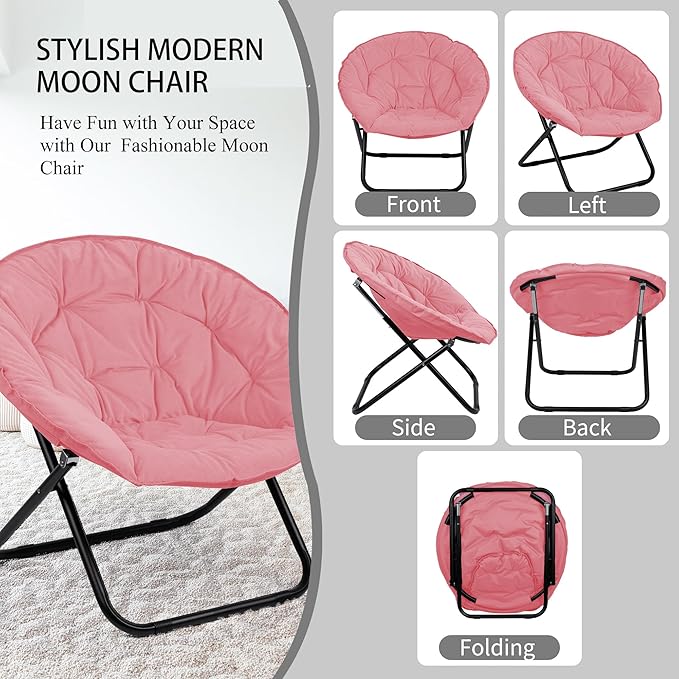 Round Foldable Moon Saucer Chair with 220lbs Weight Capacity Cozy Chair for Relaxing Gaming or as an Extra Seat for Guests Pink