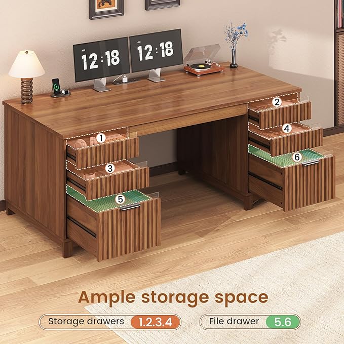 SEDETA 55.1 Fluted Office Desk with 6 Drawers Modern Computer Desk with Acrylic File Drawers Executive Desk with Power outlets for Home Office and Study (Brown)