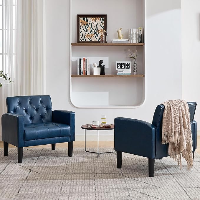 TYBOATLE Accent Chairs Set of 2 Comfy Living Room Chair Leather Tufted Mid Century Modern Accent Chair Small Cozy Reading Arm Chair for Office Bedroom (2 Blue)