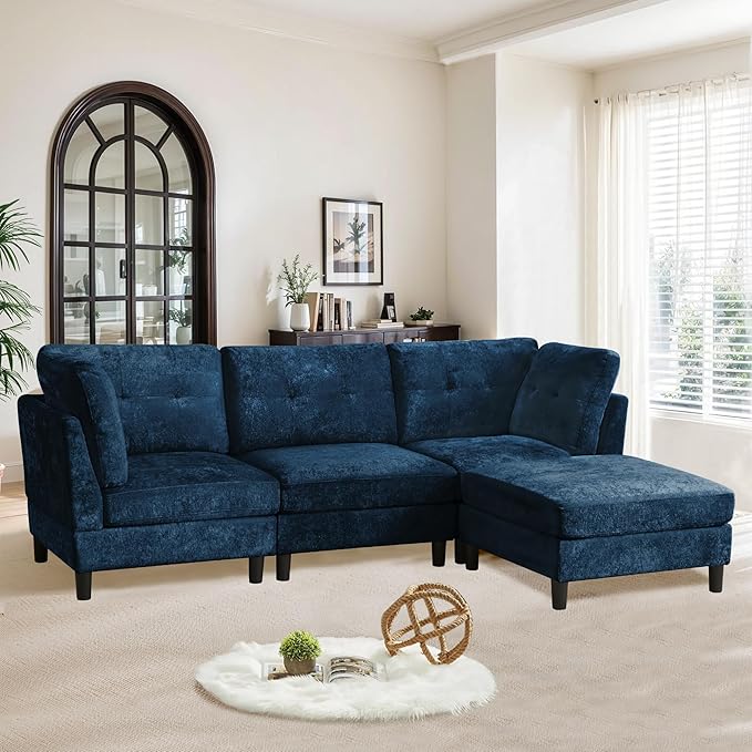 99 Sectional Couch for Living Room Oversized 3-Seater L Shape Sofa with Deap Wide Seat Movable Ottoman Polyester Fabric Blue