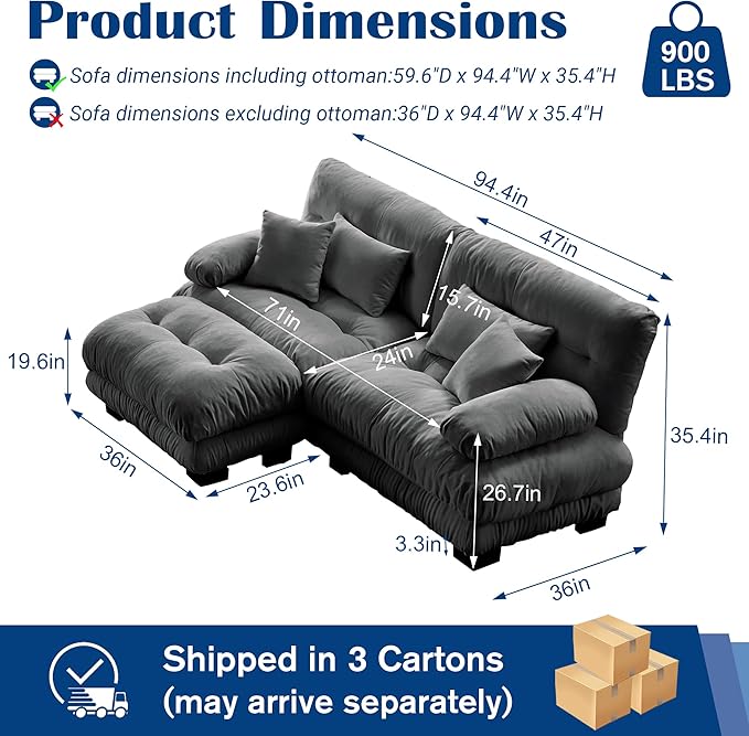 Cloud Couch Sectional Couch for Living Room L Shaped Sofa with Ottoman Oversized Loveseat Sofa Chenille Dark Grey