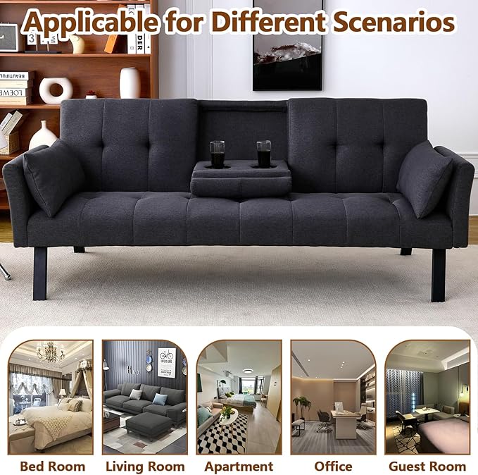 72 Cotton Linen Futon Couch Living Room Couch Bed Convertible Sleeper Sofa Bed with Cup Holder for Bedroom Guest Bed 2 Seater Reclining Sofas Couches with Nailhead Trim for Small Space (DARK GREY)
