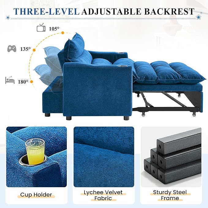 56.3 Convertible Sleeper Sofa Bed 3 in 1 Velvet Pull Out Loveseat Couch Modern Comfy Thick Cushion Futon with Adjustable Backrest &amp 2 Cup Holders Space Saving for Living Room Small Apartment B