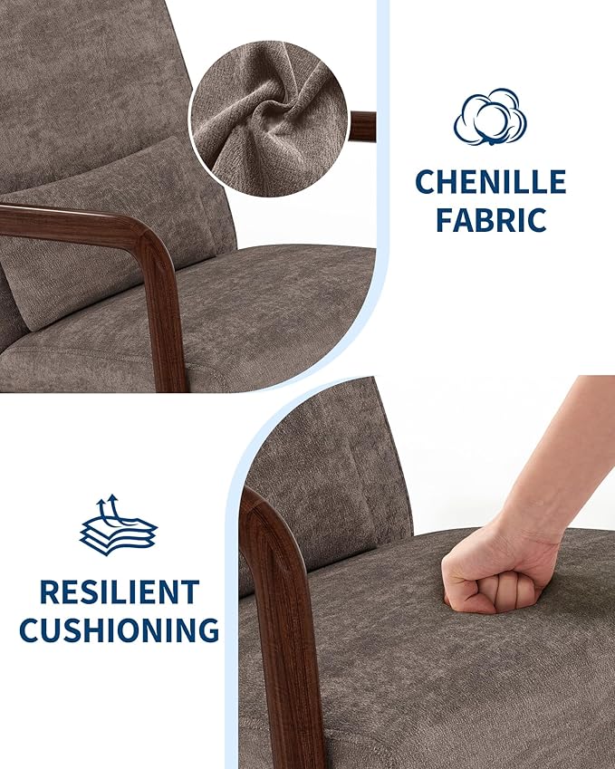 Garvee Mid-Century Modern Accent Chair Chenille Upholstery Solid Wood Armchair with Removable Lumbar Pillow Sturdy Reading Chair for Living Room Bedroom Guest Room Easy Assembly Brown
