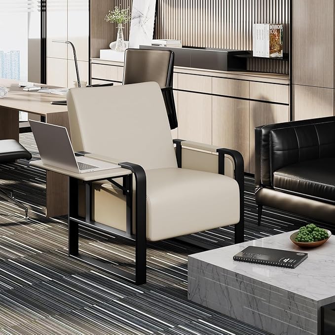 Andeworld Modern Accent Chair Mid Century Living Room Armchair Upholstered Faux Leather Sofa Side Chair with Side Table for ReadingWorkingOfficeApartmentBeige