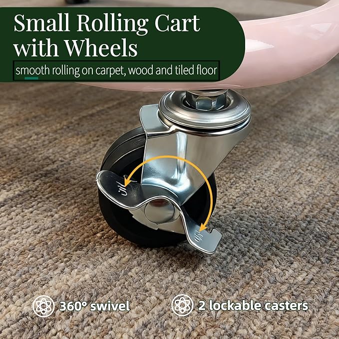 2 Tier Rolling Cart with Wheels for Under Desk Storage Pink Small Rolling Pantry Storage Cart for Small Space Metal Short Utility Shelf for Vanity Kitchen Bathrrom Laundry Organization