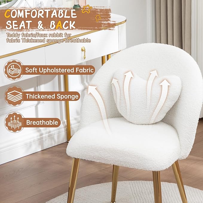Vanity ChairAccent Makeup Comfy Cute Desk Girls Fluffy Chairs for Bedroom No Wheels Gold Metal Legs Stool (Teddy Beige)
