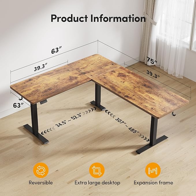CubiCubi L Shaped Standing Desk 75 x 63 Inch Adjustable Height Electric Corner Desk Sit Stand Home Office Desk with Splice Board Rustic Brown（2 Packages