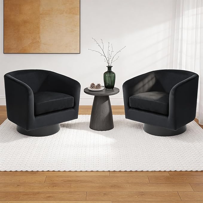 Swivel Barrel Accent Chair Modern Round Chenille Fabric Arm Chair for Living Room Bedroom Comfy Club Reading Chairs for Adults（Velvet Black Set of 2