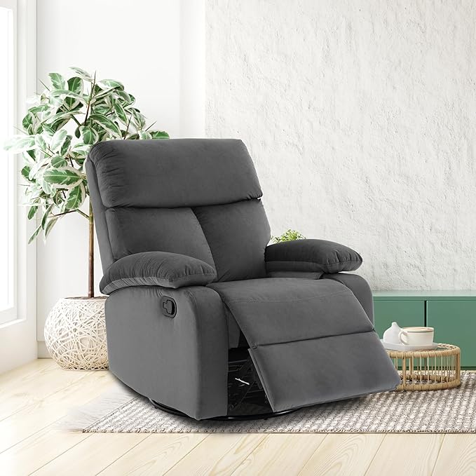 Swivel Rocker - Small Recliner for Small Spaces with Overstuffed Arms and Back Manual Swivel Recliner Chair with Ultra-Soft Velvet for Living Room Nursery Bedroom Dark Gray