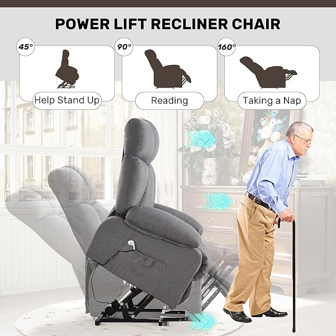 Power Lift Recliner Chair for Elderly Big and Tall Lift Chair with Massage and Heat for Living Room Fabric Electric Recliner Chairs with 4 Side Pockets USB Charge PortGrey
