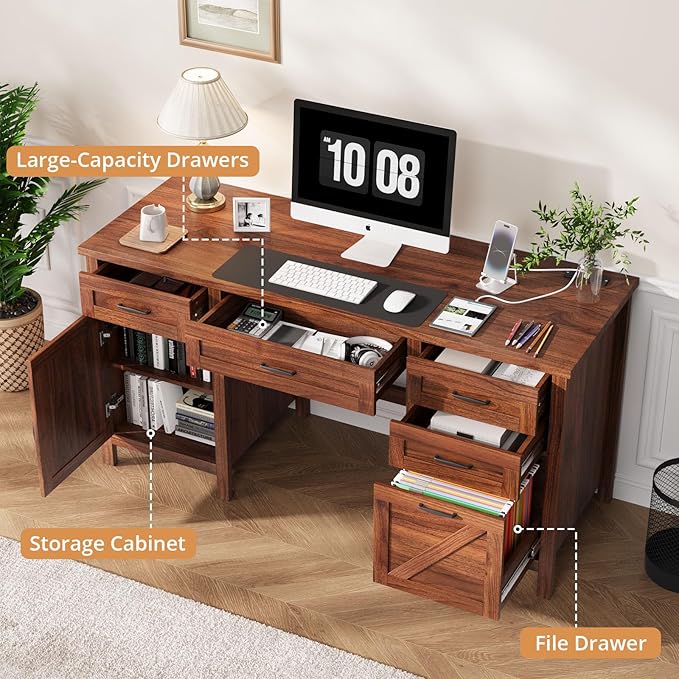 VOWNER Executive Desk with File Drawer Farmhouse Office Desk with Charging Station Computer Desk Workstation for Home Office Walnut