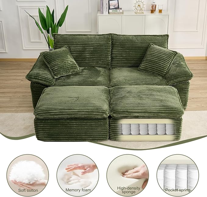 Convertible Sofa BedSleeper Sofa with Deep SeatComfy Corduroy Fluffy Boneless Couch with Movable OttomanCloud Couch for Small PlaceNo Assembly Required.（LoveseatGreen）