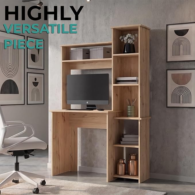 Tuhome Versalles Writing Desk with Two Superior Shelves Five Side Open Storage Compartments Space-Saving Modern Workstation Design for Studios and Offices Ideal for Organization Books