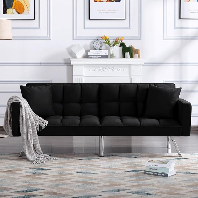 74 Multifuctional Futon Sofa Bed Modern Loveseat fConvertible Sleeper Couch with Adjustable Backrest and Pillows for Living Room (Black