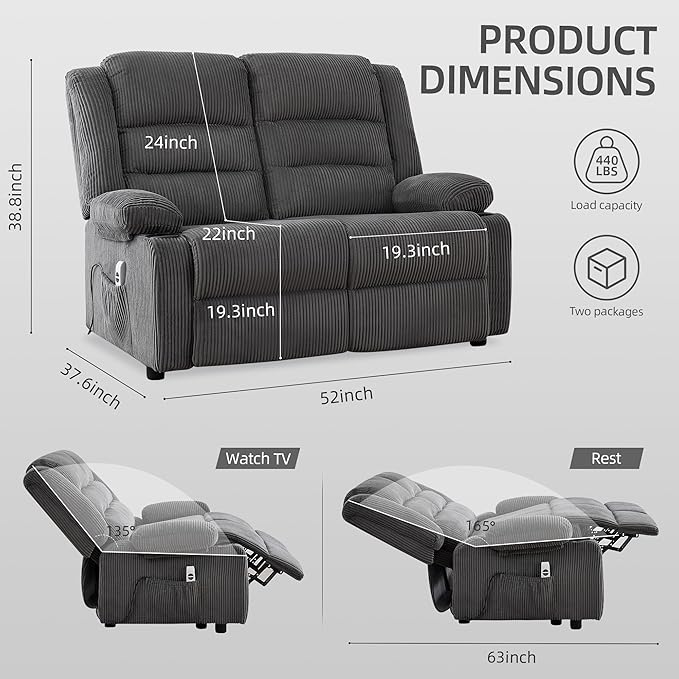 52Inch Power Loveseat ReclinerElectric Reclining Loveseat SofaAdjustable Love seat Recliner Sofa for Living RoomBedroom with Charging Ports(Striped Gray loveseat)