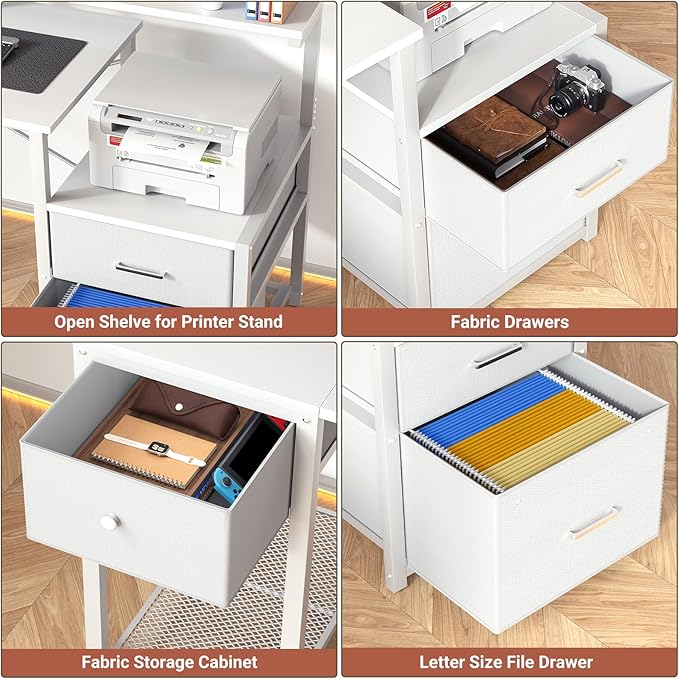 Aheaplus Computer Desk with 3 Drawers Home Office Desk with File Drawer &amp Power Outlet 59'' Gaming Desk with Led Lights Long Work Desk with Storage Shelves Printer Cabinet and Monitor Shelf W