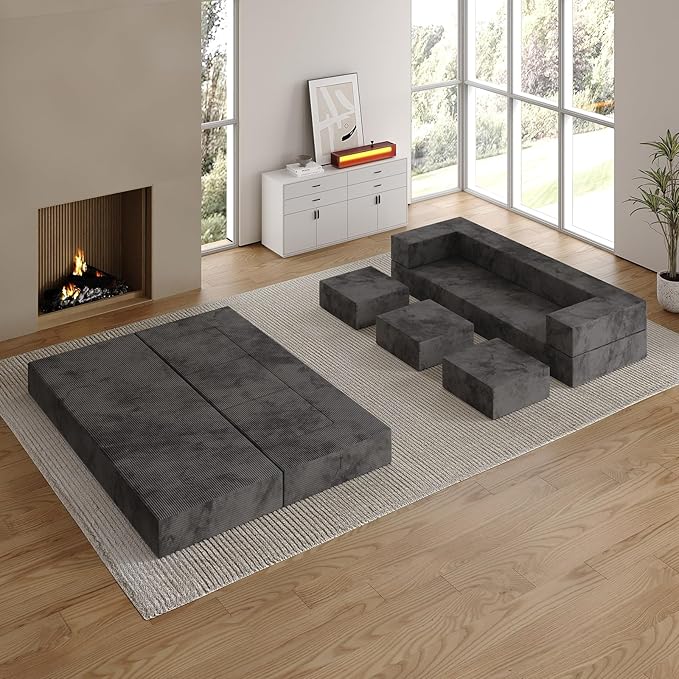 80'' Queen Convertible Floor Sofa Bed Velvet Folding Bed Couch with 3Ottomans Modular Sectional Floor Sofa Futon Sleeper Memory Foam Mattress for Guest/Living Room/PlayroomDeep Grey