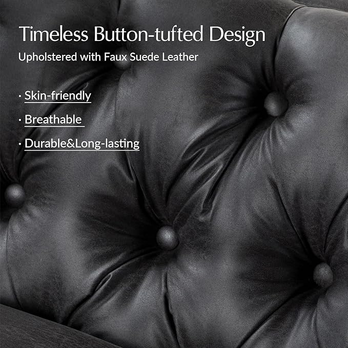 HULALA HOME 84 W Faux Leather Sofa Couch with Metal Legs Button-Tufted 3-Seater Sofa Mid Century Modern Contemporary Upholstered Couch for Living Room Apartment Charcoal