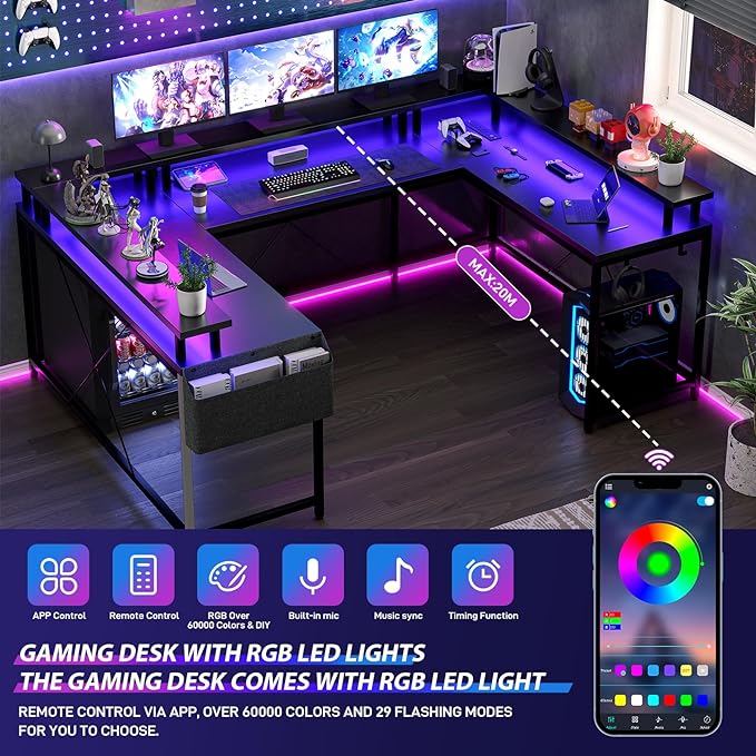 Jojoka U Shaped Desk 79 Inch Large Corner Office Desk with Monitor Stands Reversible L Shaped Computer Gaming Desk with Power Outlets &amp LED LightsU Shaped Gaming Desk (Black)