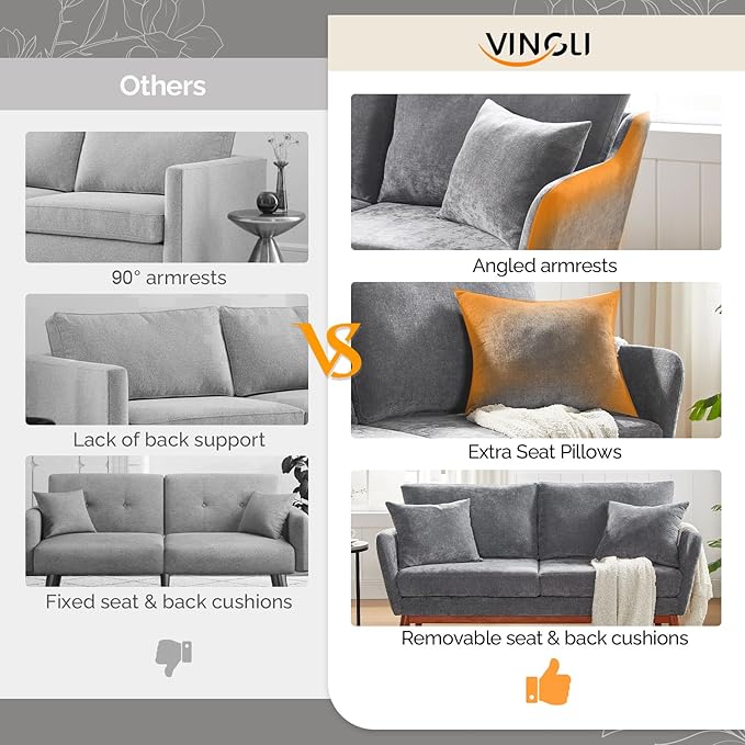 VINGLI 63.5 W Comfy Small Upholstery Love Seat Couch with Soild Rubber Wood Frame 2 Seater Mid Century Linen Fabric Loveseat Sofa Mini Couch with Two Pillows for Small Spaces Bedroom Grey