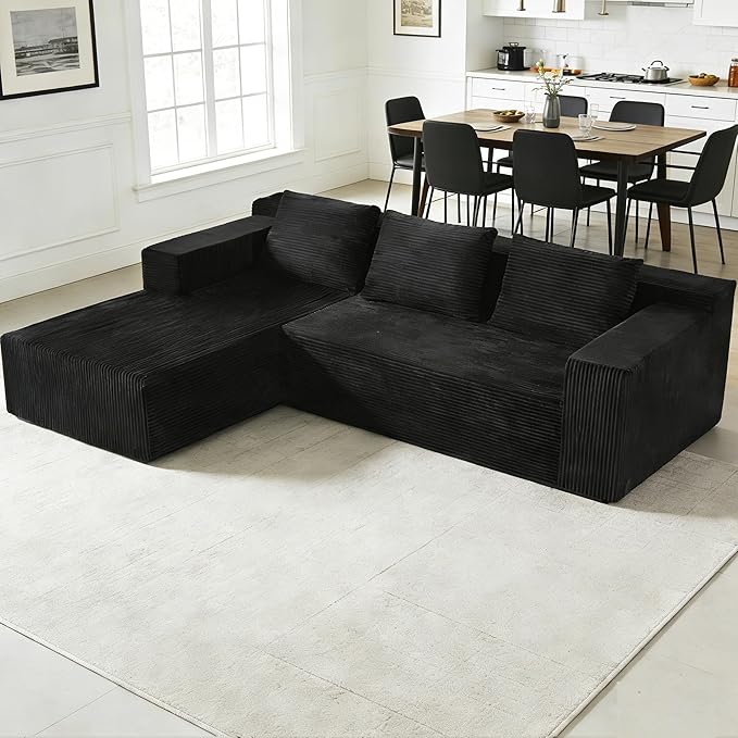 103 Boneless Corduroy Sectional Couch with Left Chaise Modular L Shaped Black Couches for Living Room Large Minimalist Modern Deep Seat Floor Sofa Set No Assembly