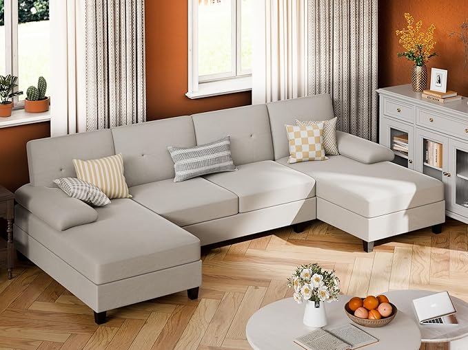 JY QAQA Sectional Couche with Soft Cushion U-Shaped Sofa with Double Chaise 4-Seat Linen Fabric Sofa Sets for Living Room Apartment Beige
