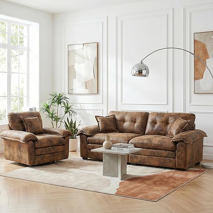 Modern 84 Loveseat &amp 360° Swivel Accent Chair Combo Set Plush Suede Fabric with Padded Seat &amp 3 Decorative Pillows for Apartment Living Room Bedroom Home Office (Brown 2-Piece Set)