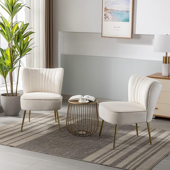 KCC Modern Velvet Upholstered Accent Chair Set of 4Mid Century Living Room Chairs with Golden LegsComfy Armless Chair Wingback Single Sofa Side Chair for BedroomBeige