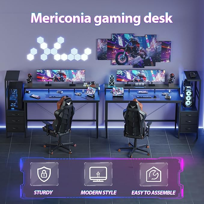 Mericonia Gaming Desk with Power Outlets &amp LED Lights Reversible Computer Desk with PC Case Stand Fabric Drawers Modern Office Desk with Shelves Monitor Stand