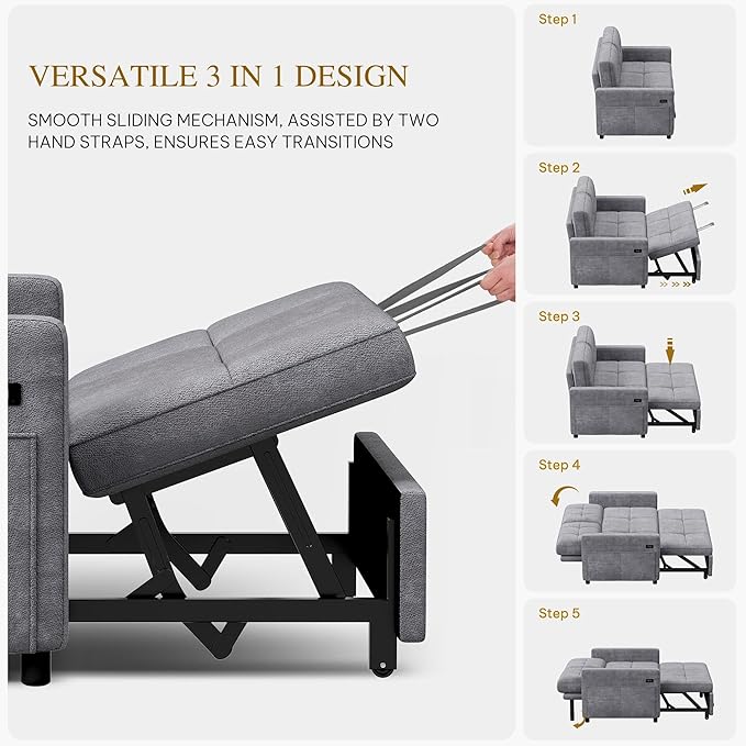 DWVO 55 Convertible Sofa Bed 3-in-1 Sleeper Sofa with Pull-Out Bed Velvet Futon Couch with Adjustable Backrest and USB Modern Loveseat for Living Room Apartment Light Grey