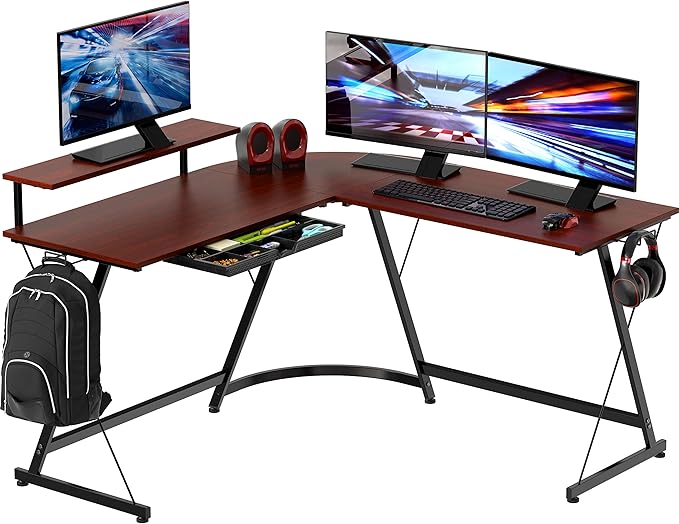 SHW 51 x 51 Inches Vista L-Shaped Desk with Monitor Stand and Drawer Cherry