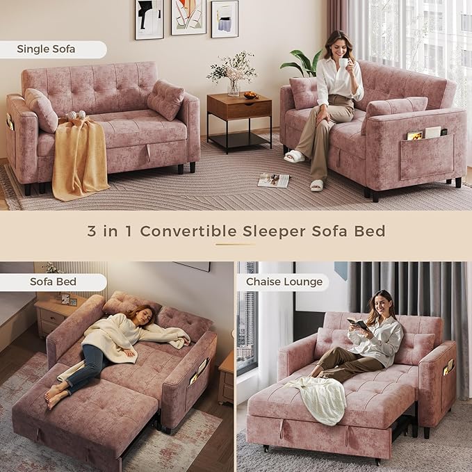 KKL 3 in 1 Convertible Sleeper Sofa Bed Pull Out Couch Bed with Adjustable Backrest Chenille Loveseat Couches with Side Pocket for Living Room Bedroom (Pink)