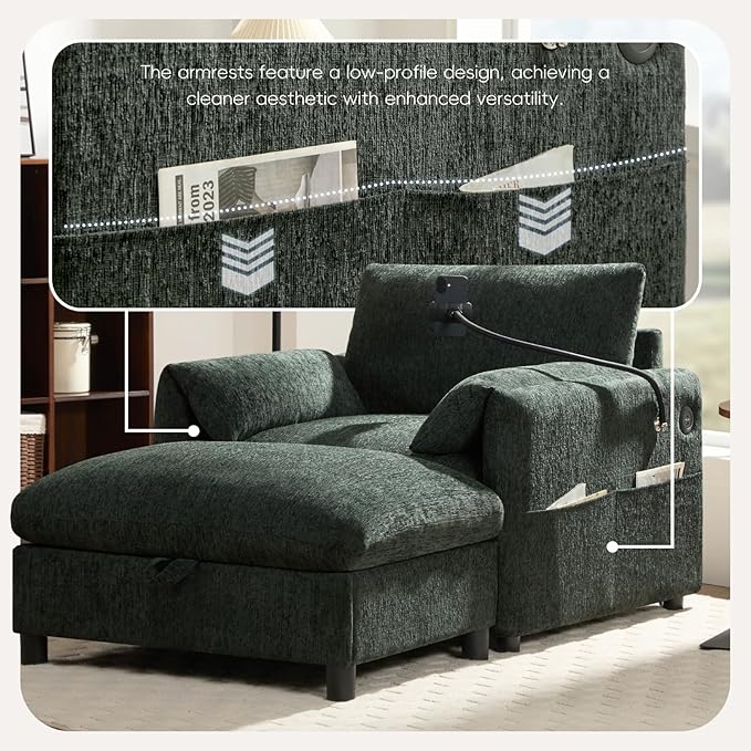 Oversized Accent Sofa Chair with Ottoman Chaise Lounge Chair with USB Charger Phone Holder Side Pockets Chenille Reading Armchair for Living Room Bedroom Home Theater(Olive Green)