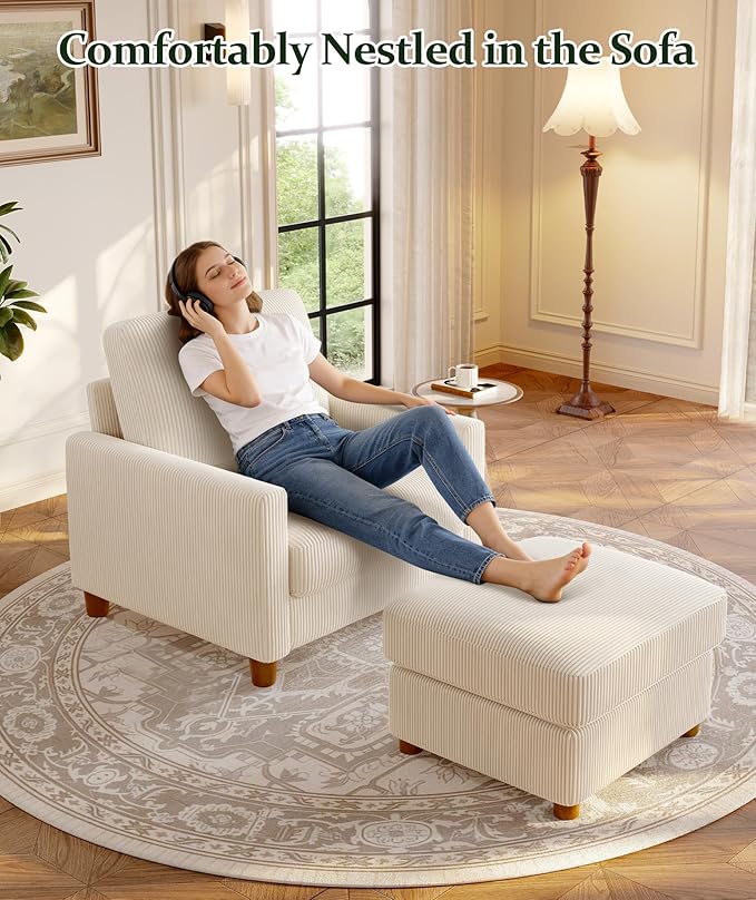 25.2 Couches for Living Room Comfy Beige Ottoman with Storage Foot Rest Tool-Free Setup Small Ottoman Foot Rest for Couch Corduroy Couch for Bedroom Apartment Office