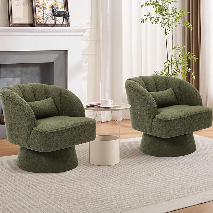 Mid Century Modern Swivel Barrel Chair - 360° Swivel Accent Chair with Plush Teddy Fleece Upholstery &amp Wide Cushioned Seat Round Lounge Sofa Chair for Living Room Bedroom Office (Green 1 PCS)