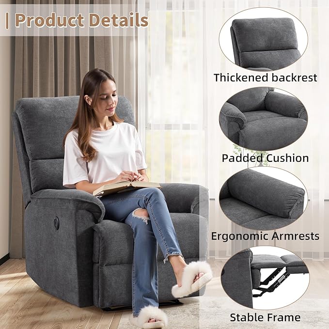 Power Recliner Chair for Adults with USB Port Breathable Fabric Electric Recliners with High Back Single Overstuffed Heavy Duty Reclining Sofa for Small Spaces Living Room Bedroom