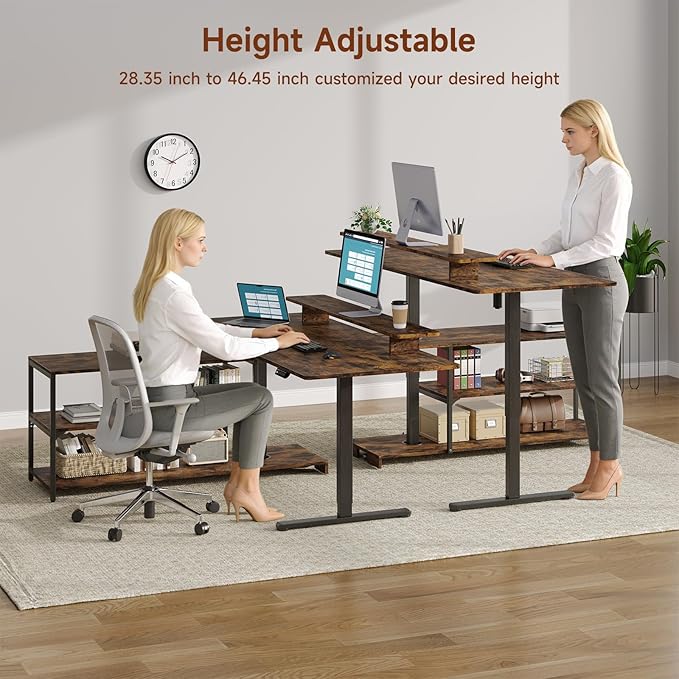 Standing Desk with File Cabinet 63x24'' L Shaped Electric Stand Up Desk with Adjustable Monitor Shelf Adjustable Height 28-46'' for Home and Computer Workstation Rustic Brown