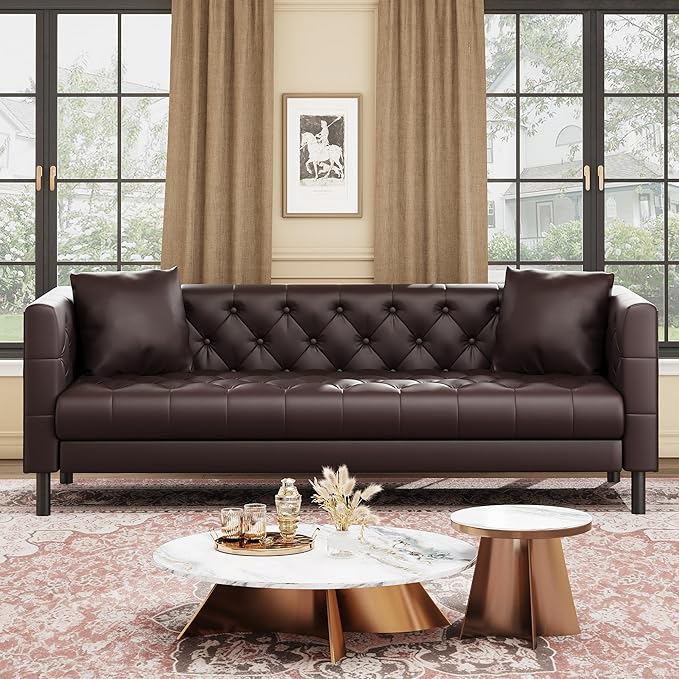 81 Button-Tufted Leather Sofa Mid-Century Modern Chesterfield 3 Seater with Deep Seat and 2 Pillows Ideal Leather Couch for Living Room Apartment and Office Use (Brown)