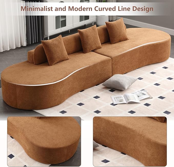 130.5 Curved Sectional Sofa for Living Room Modern Boneless Cloud Couch 4-Seater Brown Sectional Couch with 3 Pillows for Apartment Bedroom Office