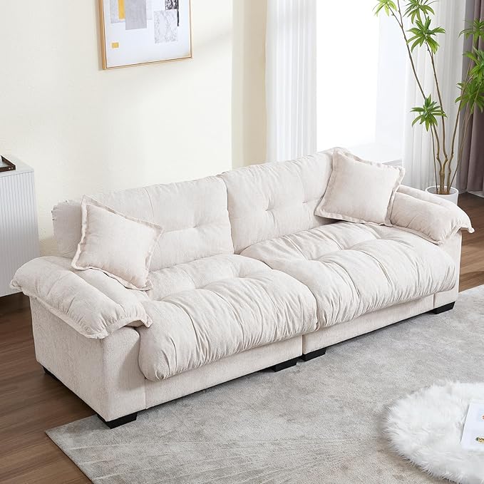 KIVENJAJA 90.5”W Oversized Cloud Loveseat Sofa Modern Chenille Tufted Deep Seat Sectional Couch Overstuffed Comfy Love seat with Pillows for Living Room Apartment Small Space Beige