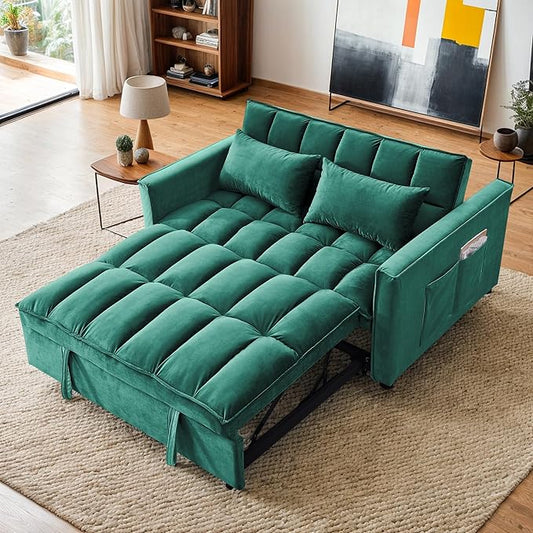 3 in 1 Convertible Sleeper Sofa BedFuton Pull Out Couch with Adjustable BackrestVelvet Fabric Loveseat Sofa with Side Pocket for Bedroom Living Room