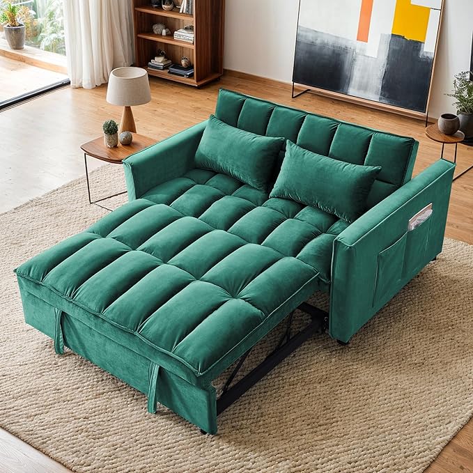 Sleeper Sofa Couch with Pullout Bed 54'' Velvet Futon Loveseat Sofa 3-in-1 Convertible Love Seat Couch for Living Room Apartment Chair Bed Sleeper for Adults (Green)
