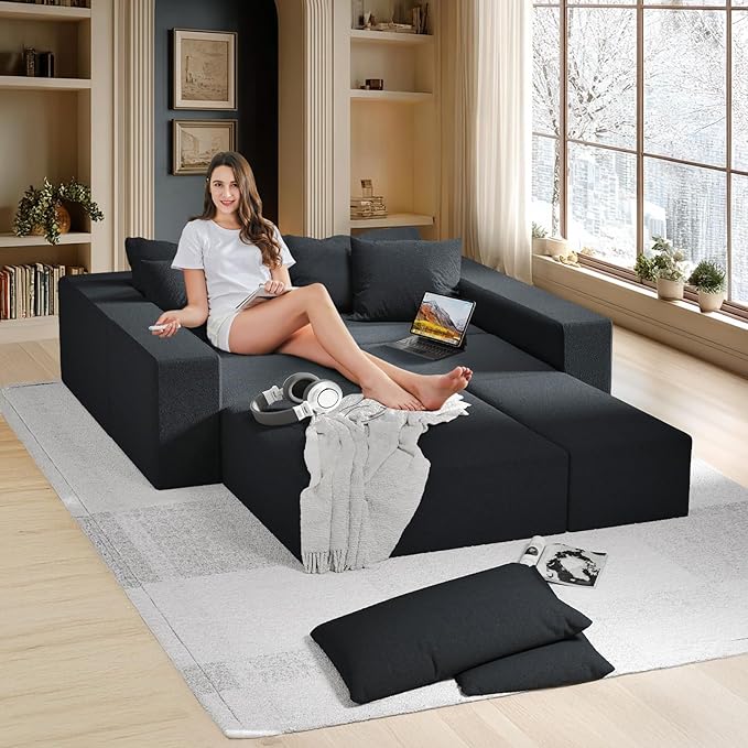 170” Modular L-Shaped Sectional Sofa Cloud Chenille Couch with 6 Pillows No-Assembly Customizable Sofa for Living Room &amp Bedroom Black